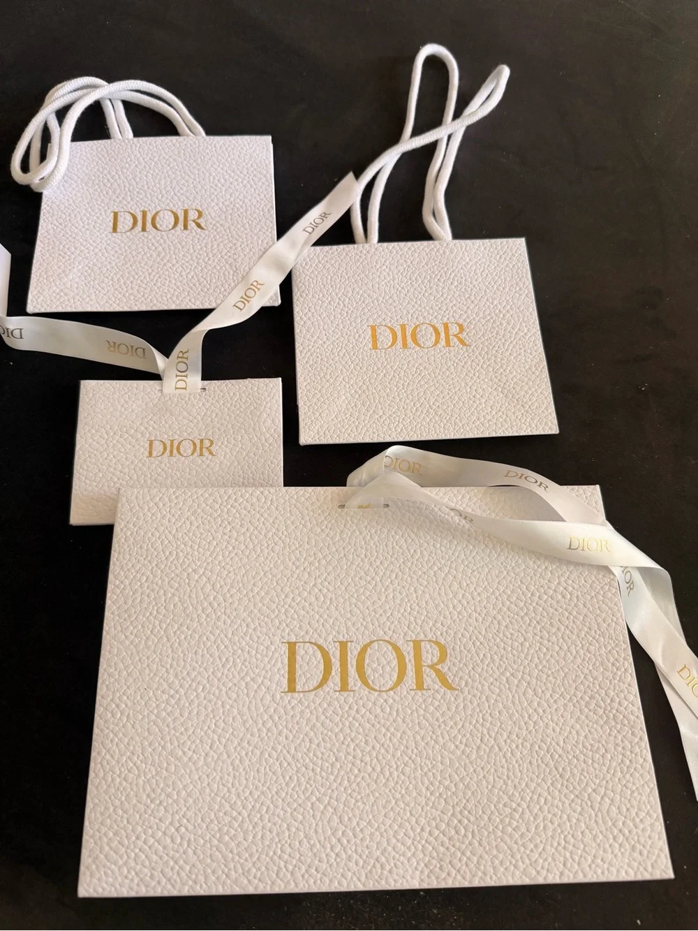 Dior White and Gold Branded Gift Bags with Satin Ribbons